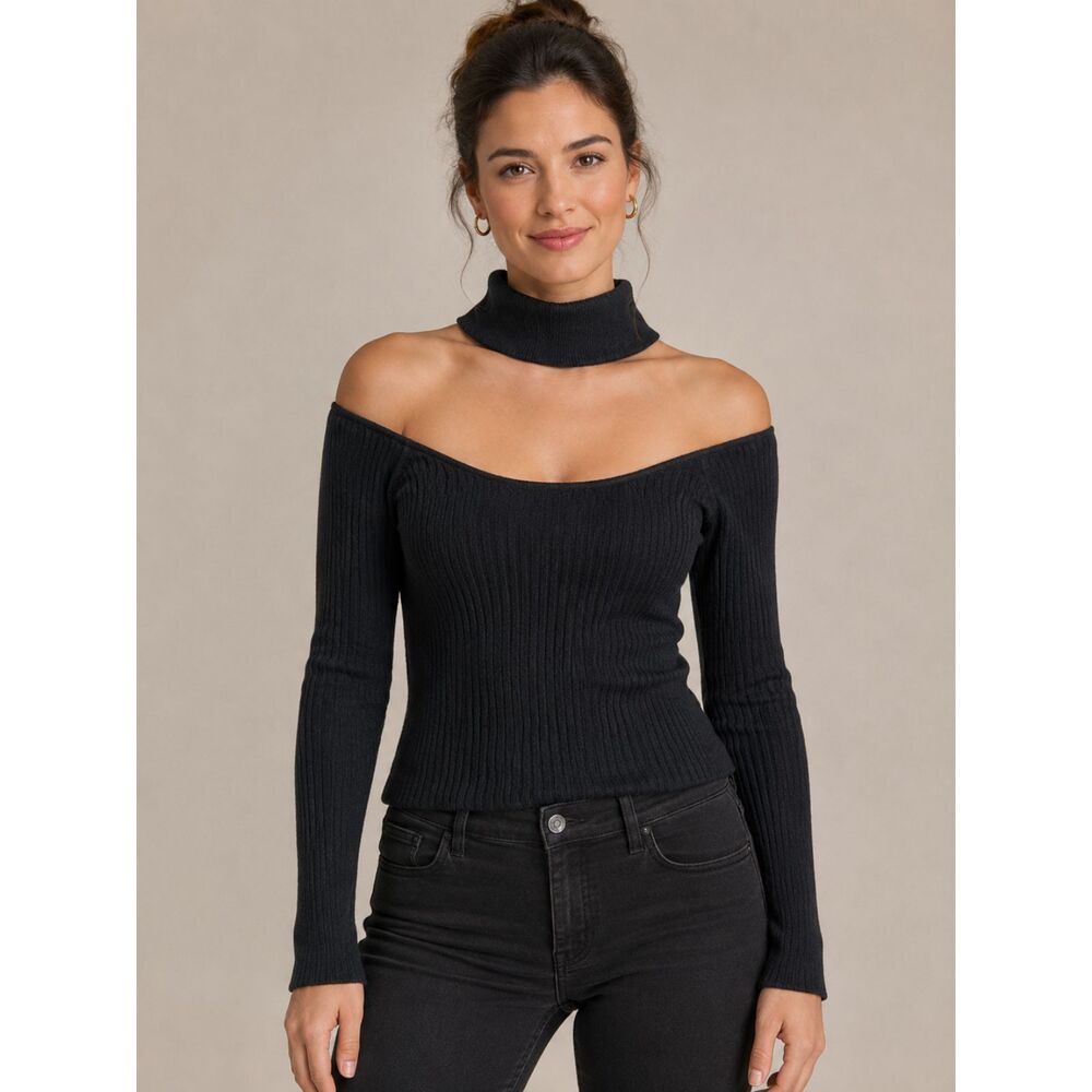 Maeve Anthropologie Cold Shoulder Top Womens Medium Black Choker Neck Ribbed